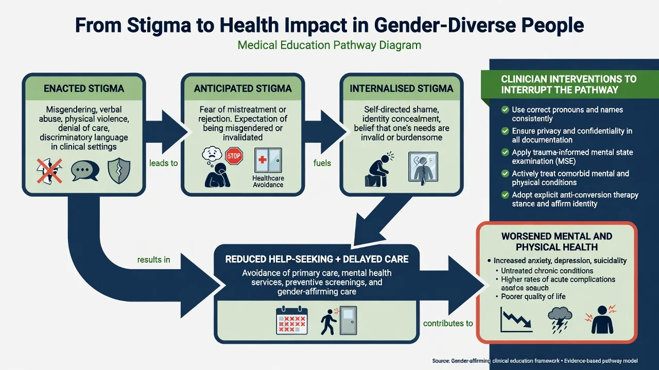 Pathway from enacted stigma through anticipated stigma and healthcare avoidance to worsened mental and physical health with clinician interventions