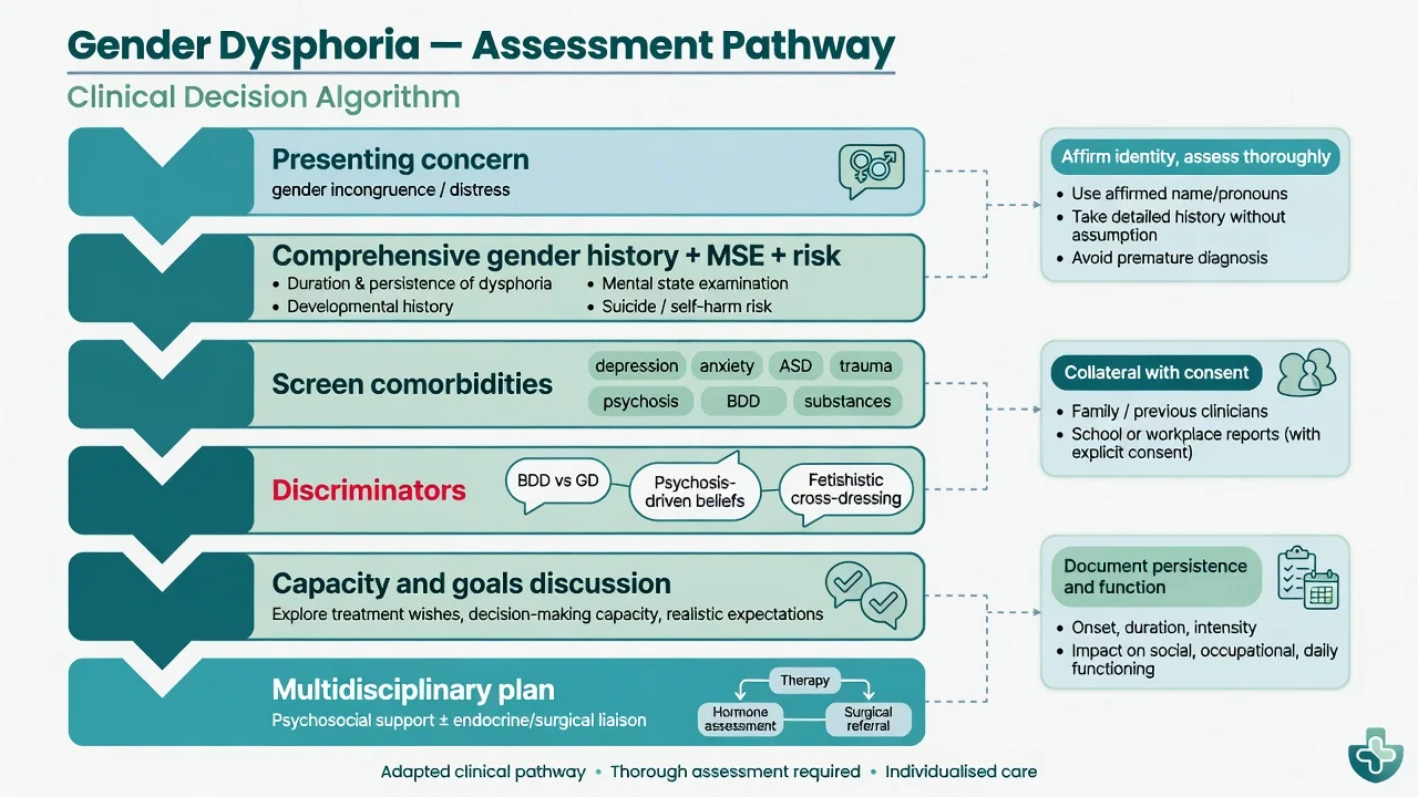 Assessment pathway flowchart for gender dysphoria from presentation through comorbidity screen to multidisciplinary plan