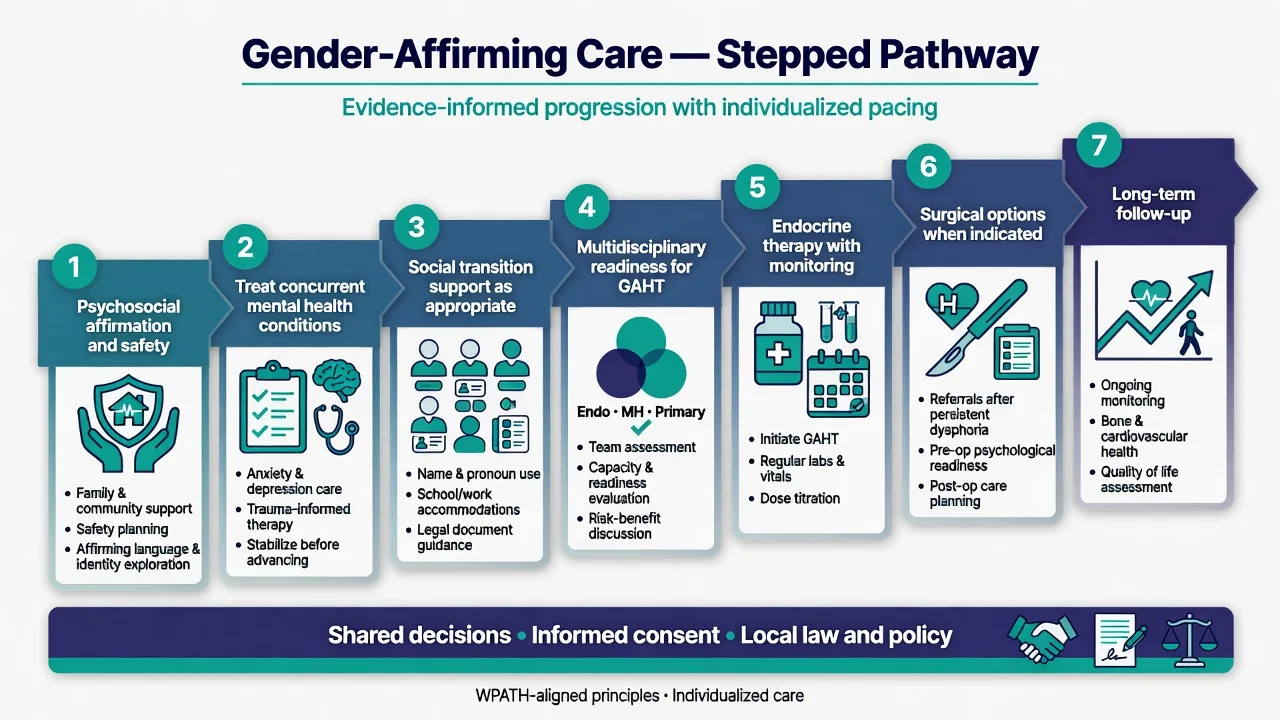 Stepped gender-affirming care pathway from psychosocial affirmation through GAHT and surgery to long-term follow-up