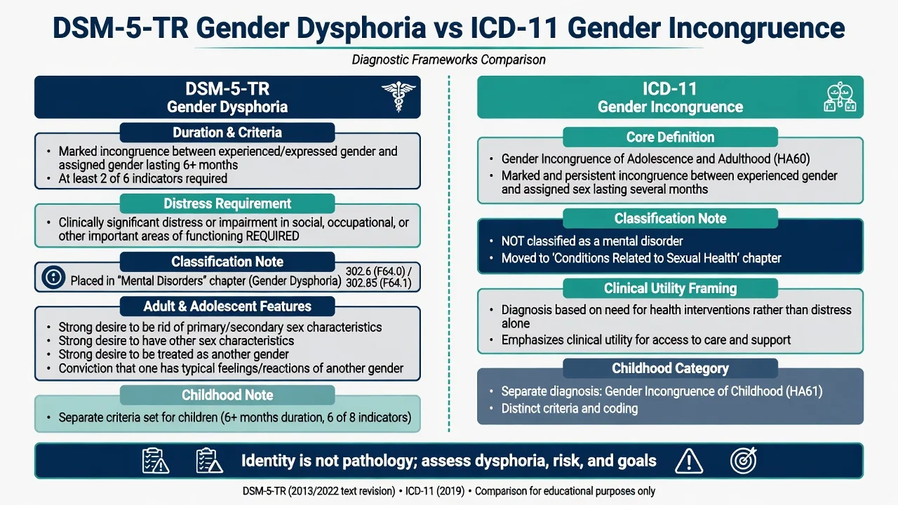 Comparison board of DSM-5-TR gender dysphoria versus ICD-11 gender incongruence