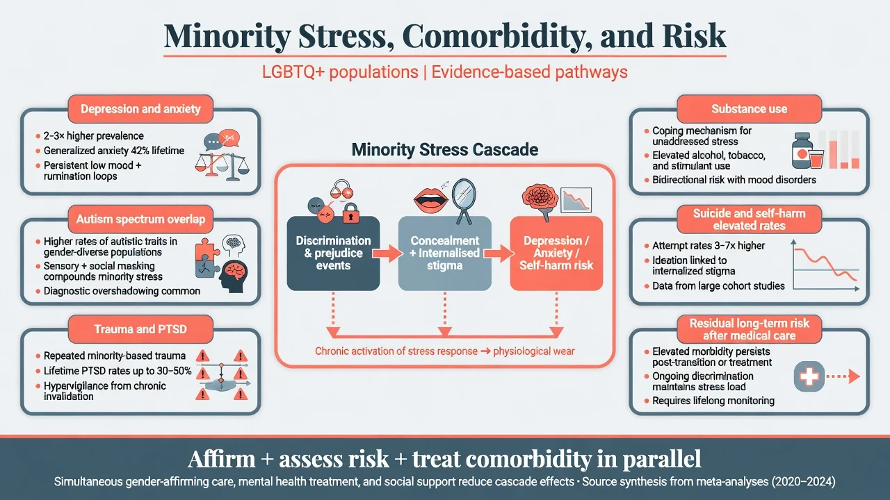 Minority stress cascade linking discrimination to mental health risk with comorbidity modules
