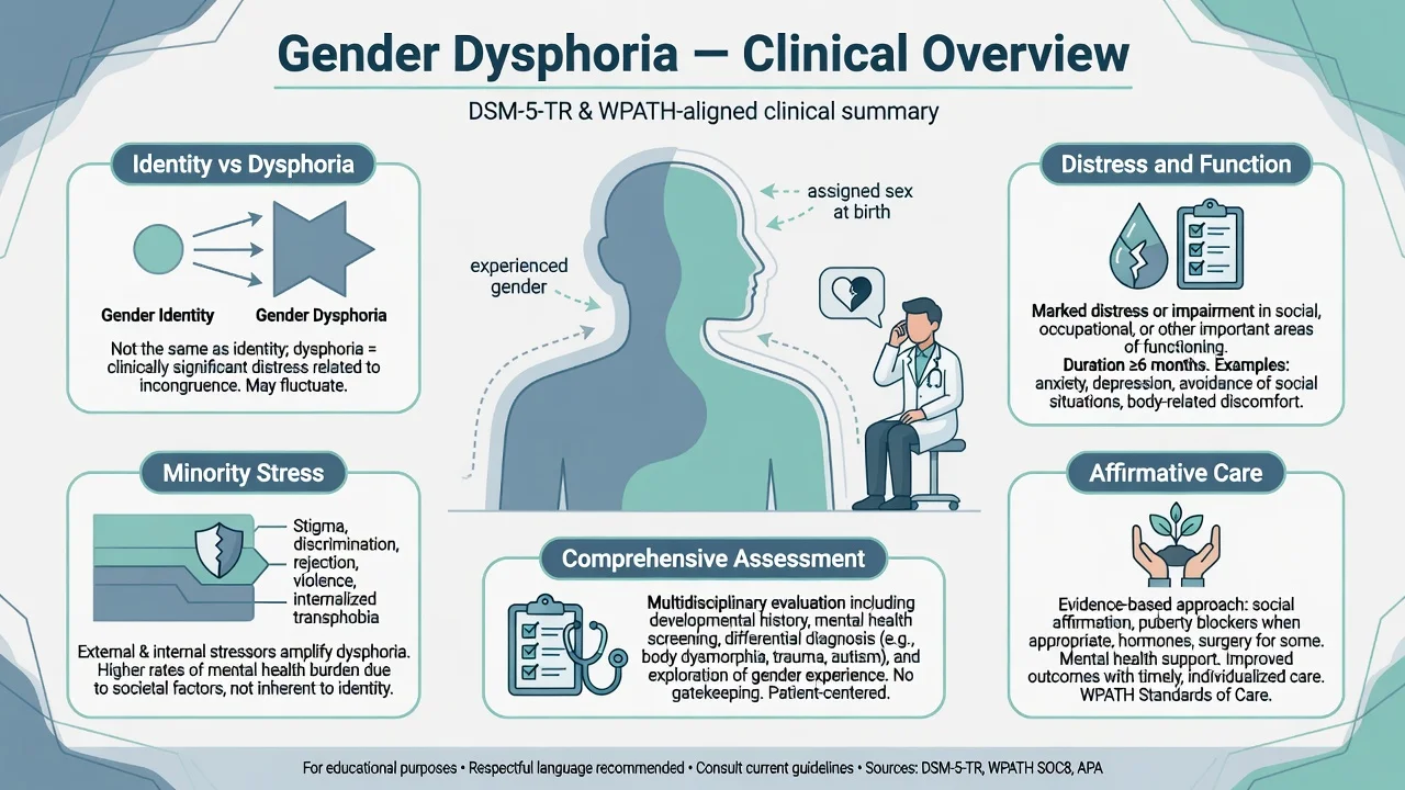 Clinical overview of gender dysphoria: identity versus dysphoria, minority stress, assessment, and affirmative care