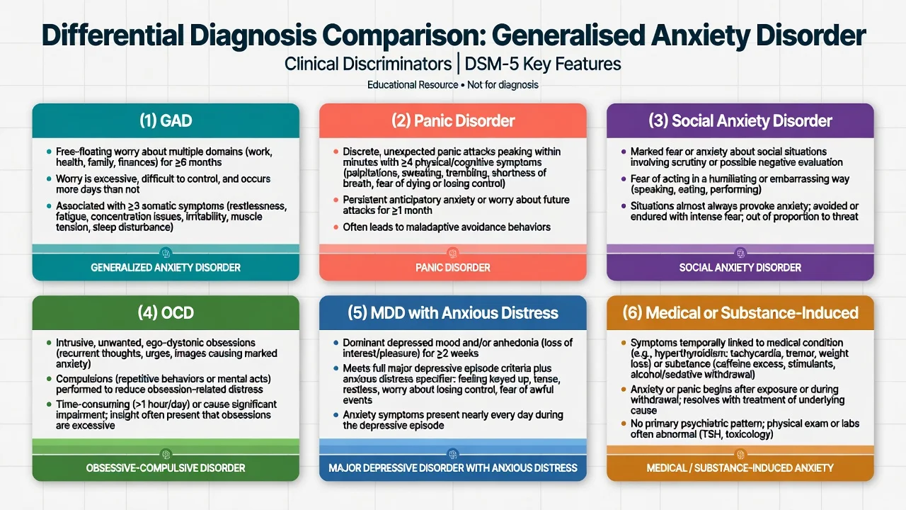 Six-card differential board comparing GAD with panic, social anxiety, OCD, MDD with anxious distress, and medical or substance causes