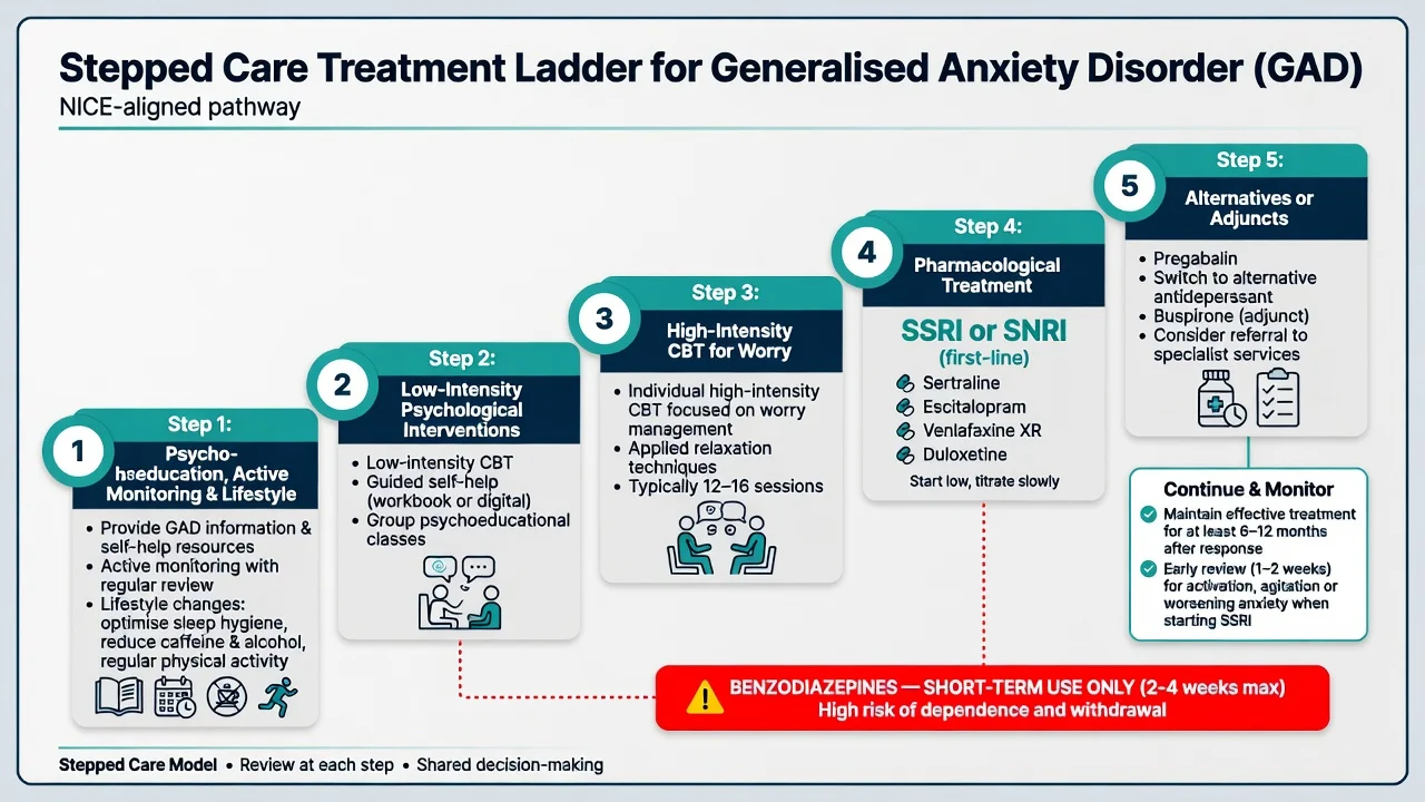 Stepped pharmacological and psychological treatment ladder for GAD including SSRI SNRI pregabalin buspirone and benzodiazepine caution