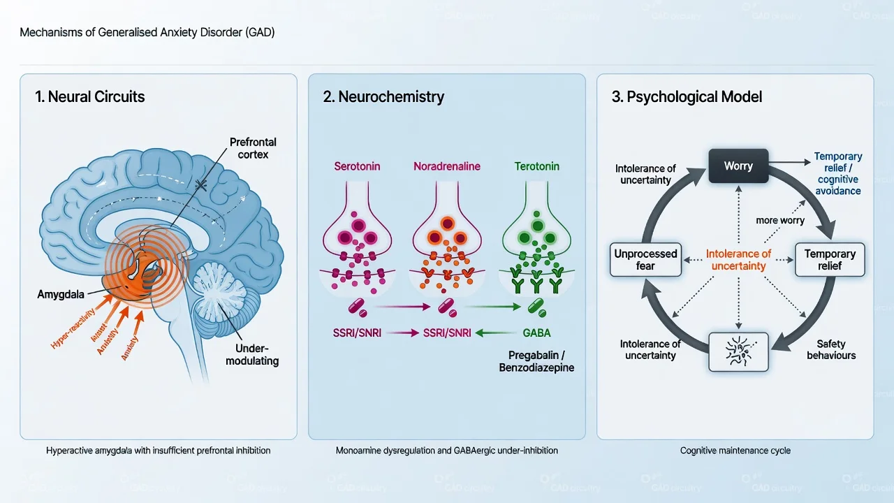 Three-panel GAD mechanisms: amygdala-prefrontal circuits, monoamine and GABA pharmacology, worry cognitive-avoidance cycle