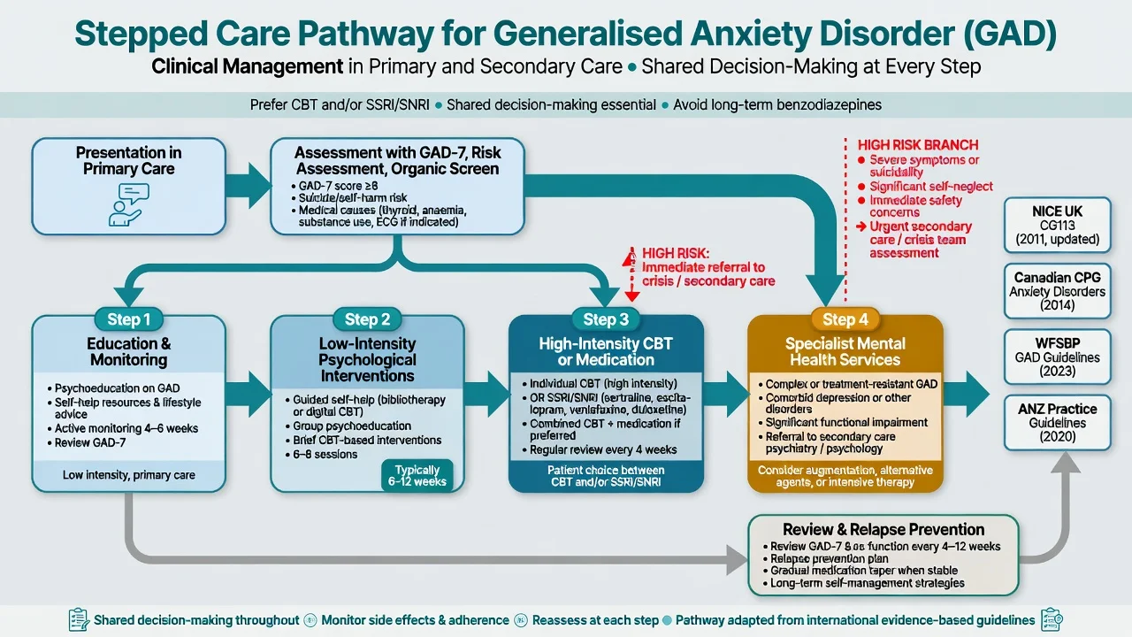 NICE-style stepped care pathway for generalised anxiety disorder with regional guideline badges