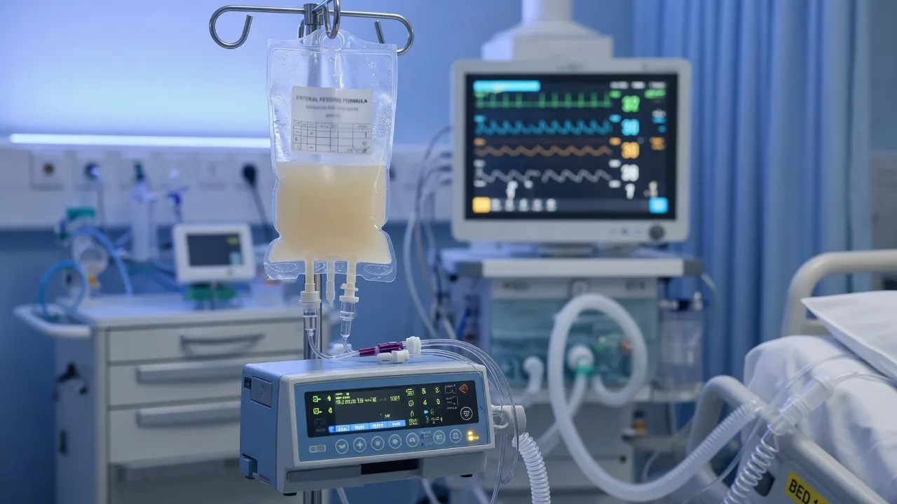Cinematic ICU scene of an enteral feeding pump delivering nutrition via a nasogastric tube to a critically-ill patient, a diet chart and a refeeding-syndrome electrolyte panel on screen, phosphate and thiamine drawn up, clinical-blue lighting, medical educational, no faces, no text