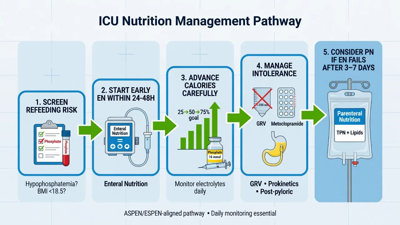 ICU nutrition pathway: early enteral route, protein targets, permissive underfeeding, refeeding prevention