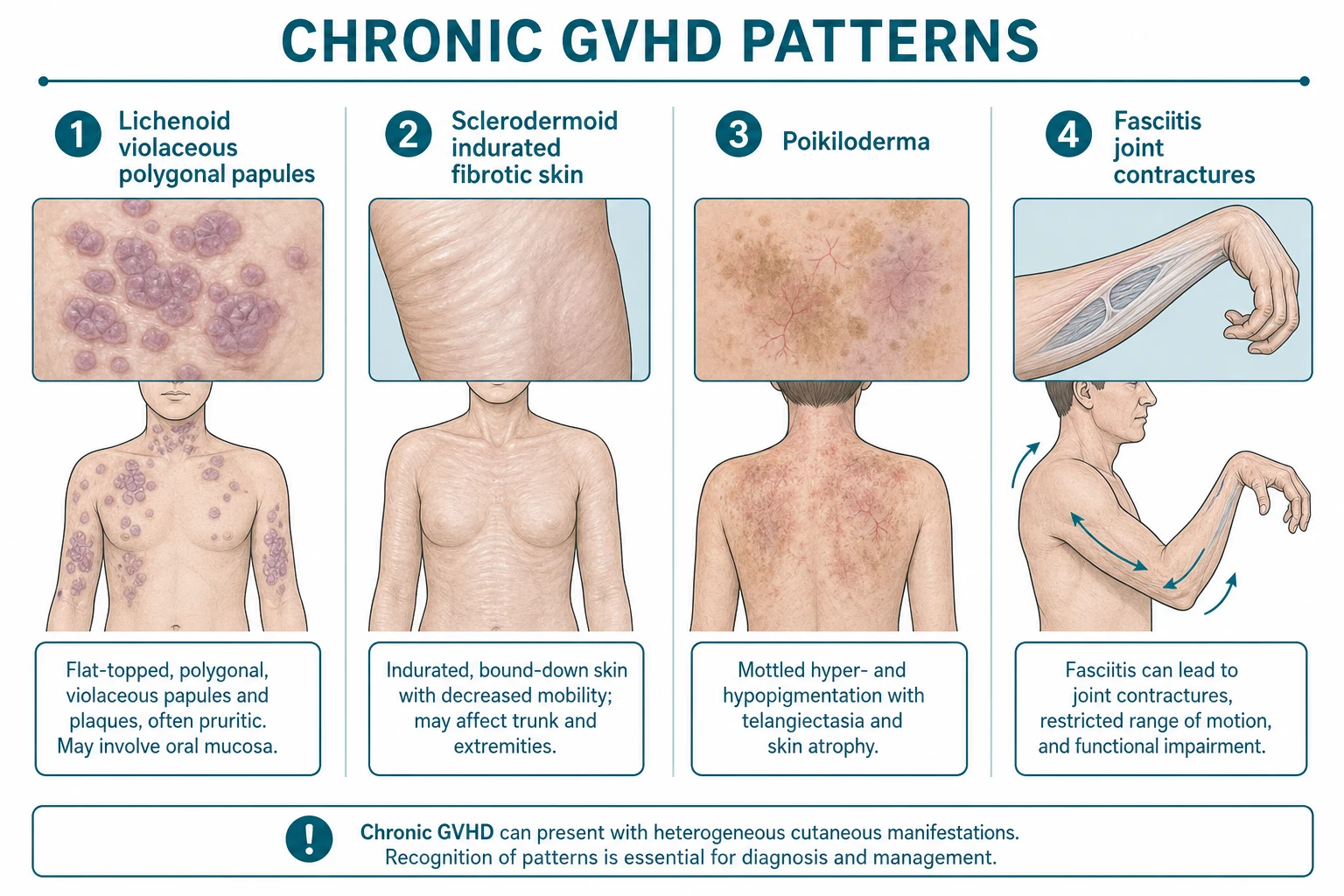 Treatment algorithm for GVHD: acute (steroids first-line, ruxolitinib for refractory); chronic (steroids + calcineurin inhibitor, ruxolitinib/belumosudil for refractory)