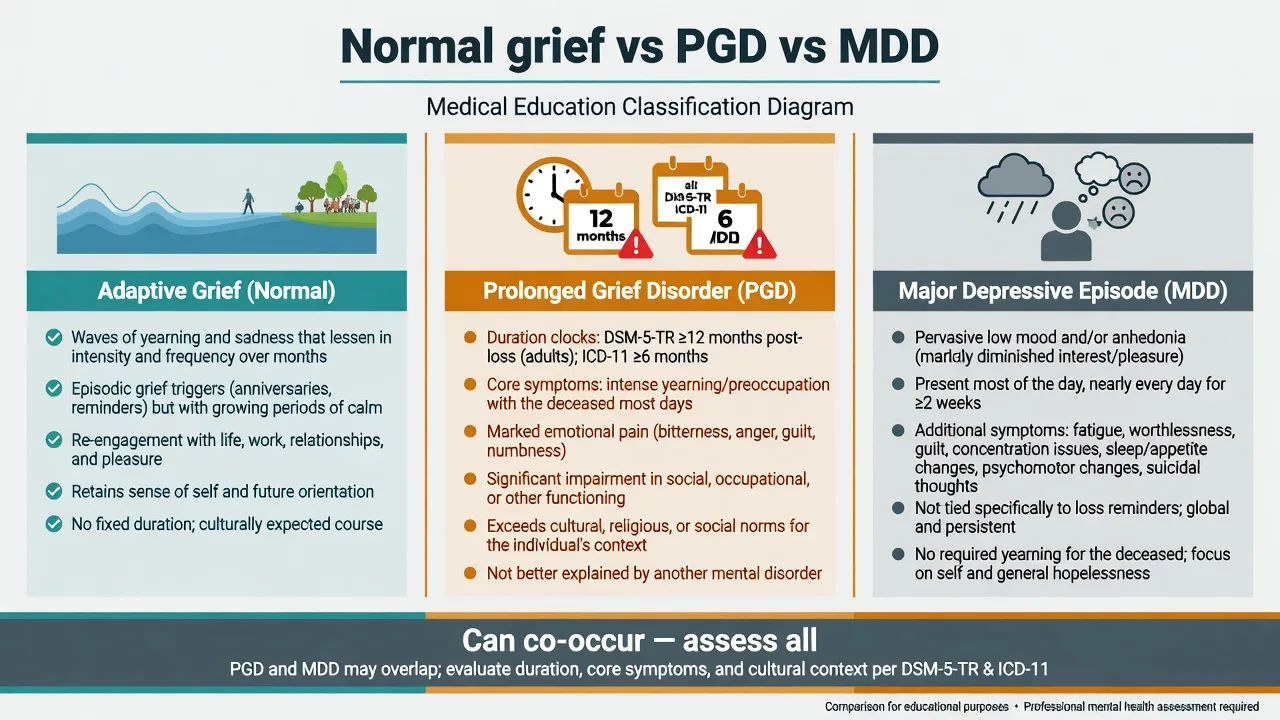 Three-column comparison of adaptive grief, prolonged grief disorder with DSM and ICD duration clocks, and major depressive episode features