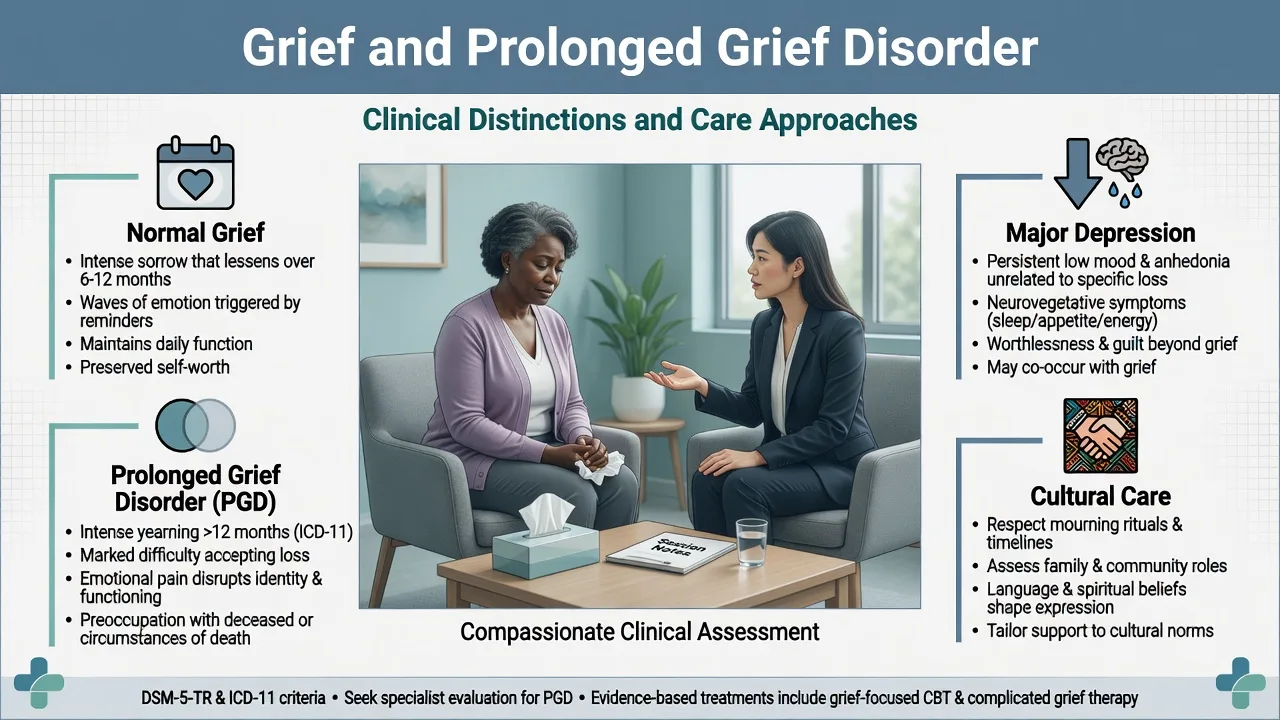 Clinical educational overview of grief and prolonged grief disorder with panels for normal grief, PGD, major depression, and cultural care