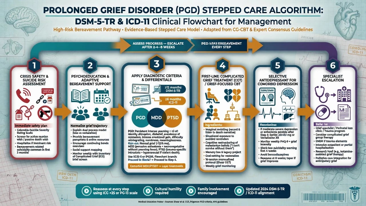 Stepped care algorithm from safety assessment through psychoeducation, PGD diagnosis, grief-focused psychotherapy, selective medication, and specialist escalation