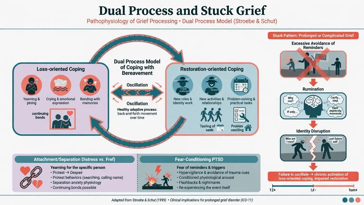Dual process model diagram showing oscillation between loss-oriented and restoration-oriented coping with a stuck-grief panel of avoidance and rumination