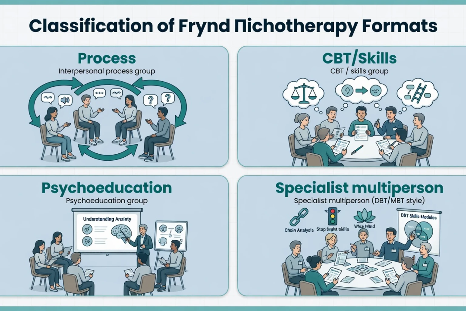 Four-panel classification of group formats: process, CBT/skills, psychoeducation, specialist multiperson