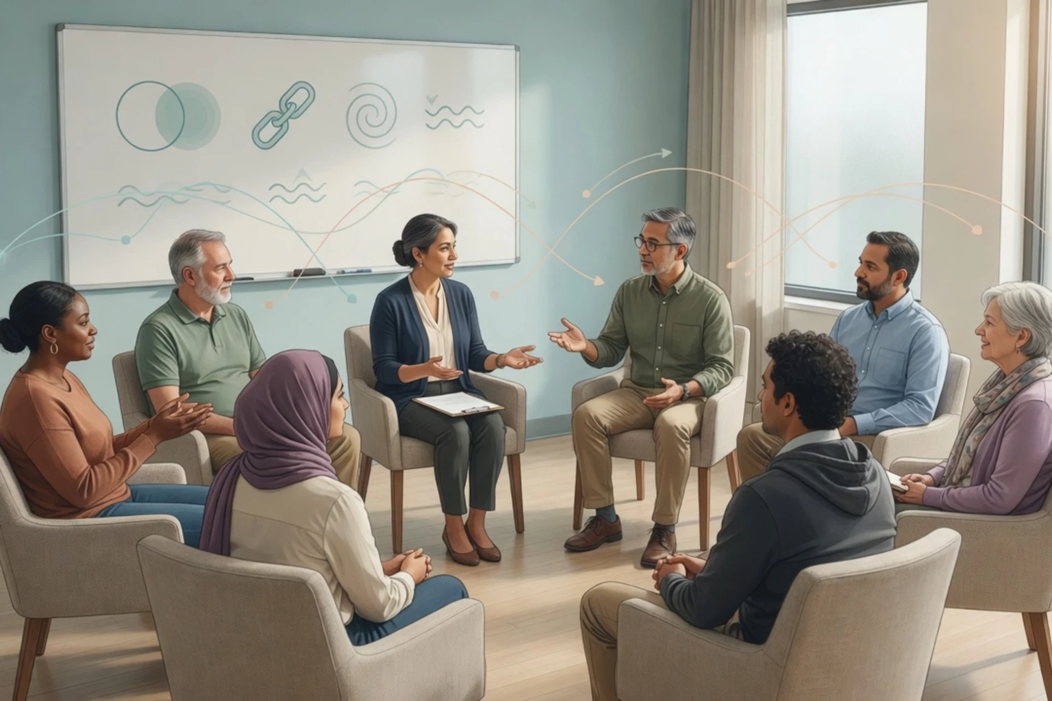 Diverse outpatient therapy circle with co-facilitators illustrating group psychotherapy as interpersonal treatment