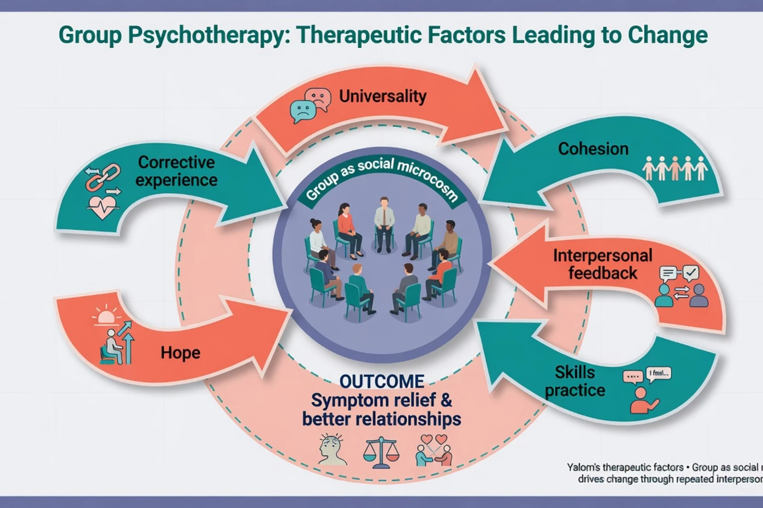 Circular diagram of group as social microcosm with therapeutic factors leading to symptom and relationship change