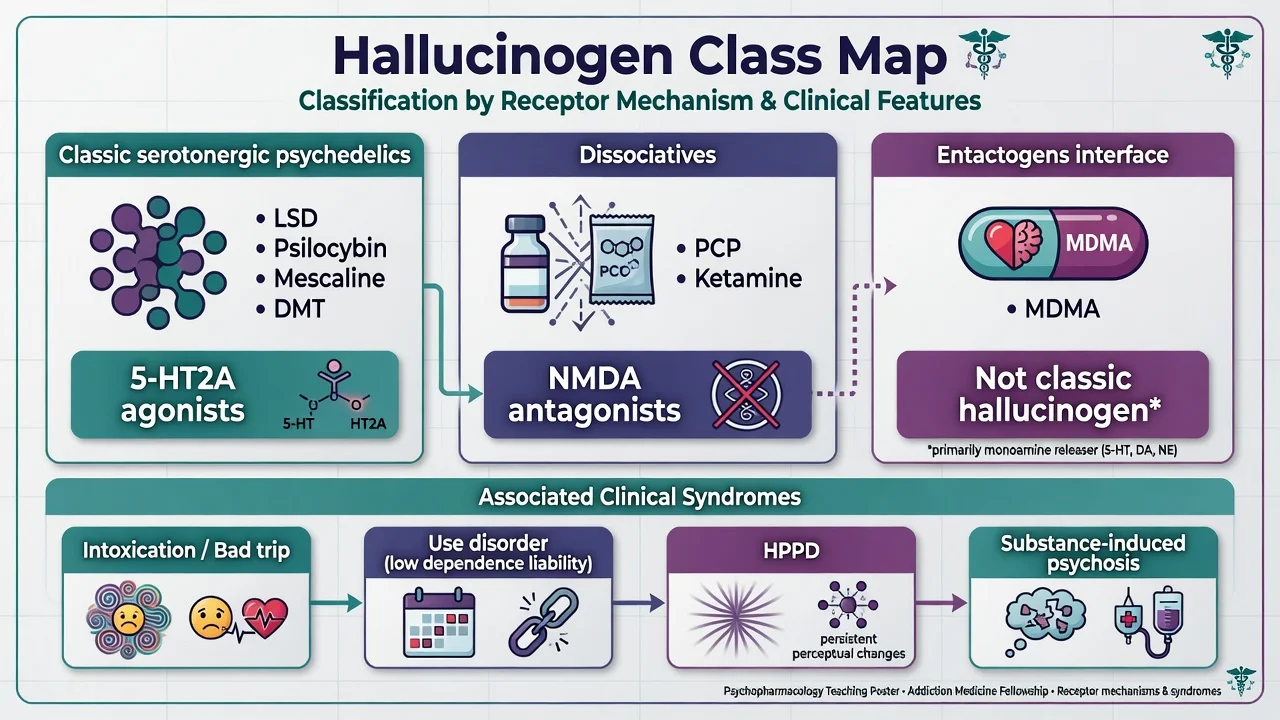 Classification of classic serotonergic psychedelics, dissociatives and MDMA interface with related clinical syndromes