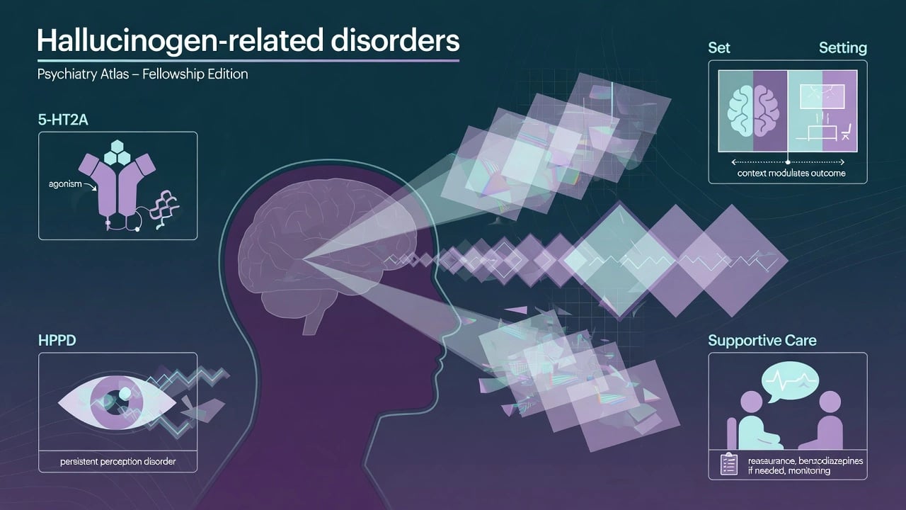 Overview of hallucinogen-related disorders including perception change, set and setting, HPPD and supportive care
