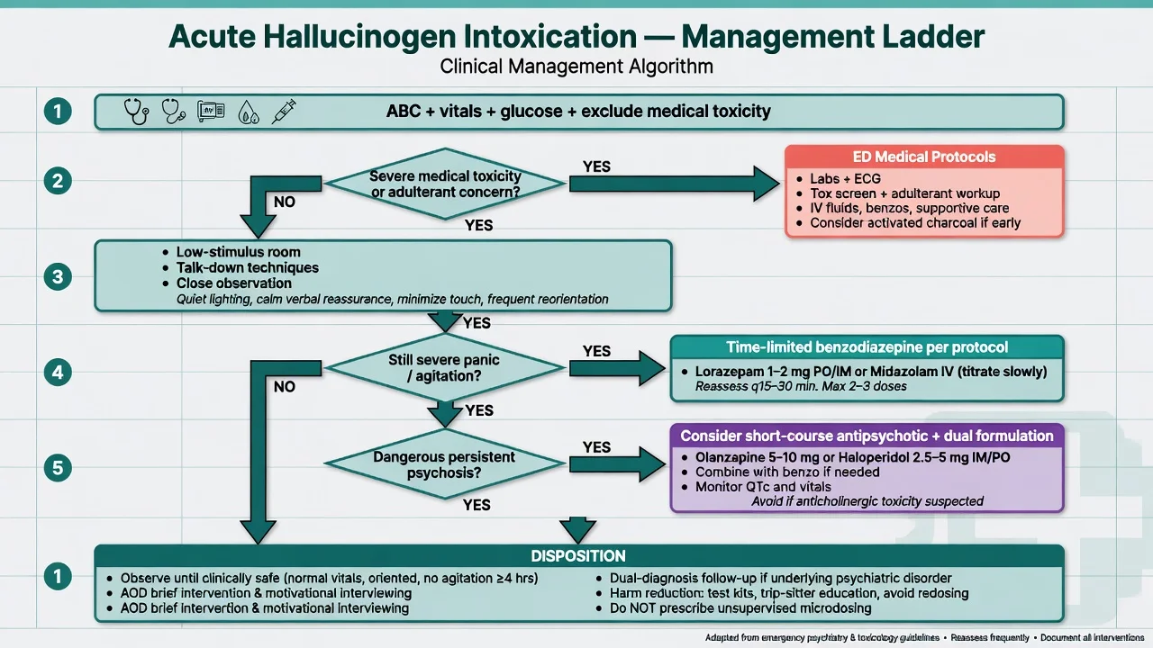 Acute management algorithm for hallucinogen intoxication from medical exclusion through talk-down benzodiazepines and disposition