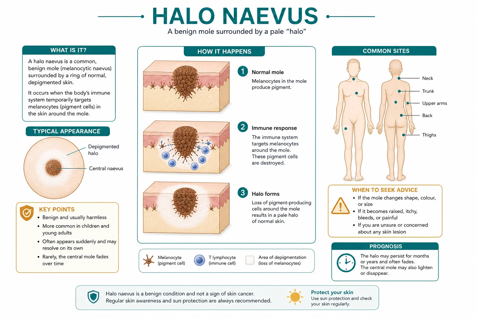 Diagram of the four-stage evolution of halo naevus and the underlying autoimmune mechanism: a pigmented naevus surrounded by a symmetric white halo, with CD8+ cytotoxic T-cells and granulysin destroying both naevus cells and surrounding normal melanocytes; the naevus then fades, disappears, and the halo repigments