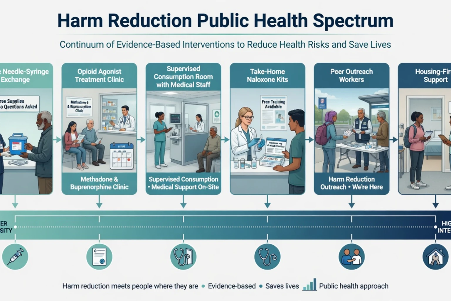 Spectrum of harm reduction public health interventions from needle exchange through OAT supervised consumption naloxone and housing
