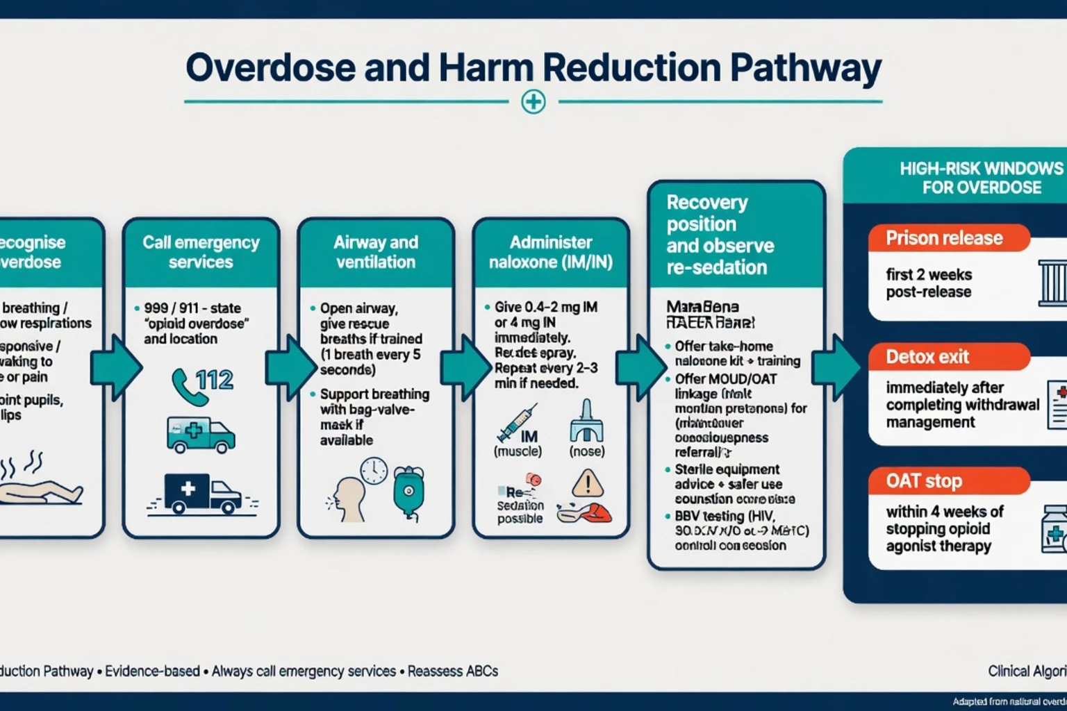 Overdose recognition naloxone algorithm and post-revival linkage to OAT and take-home naloxone
