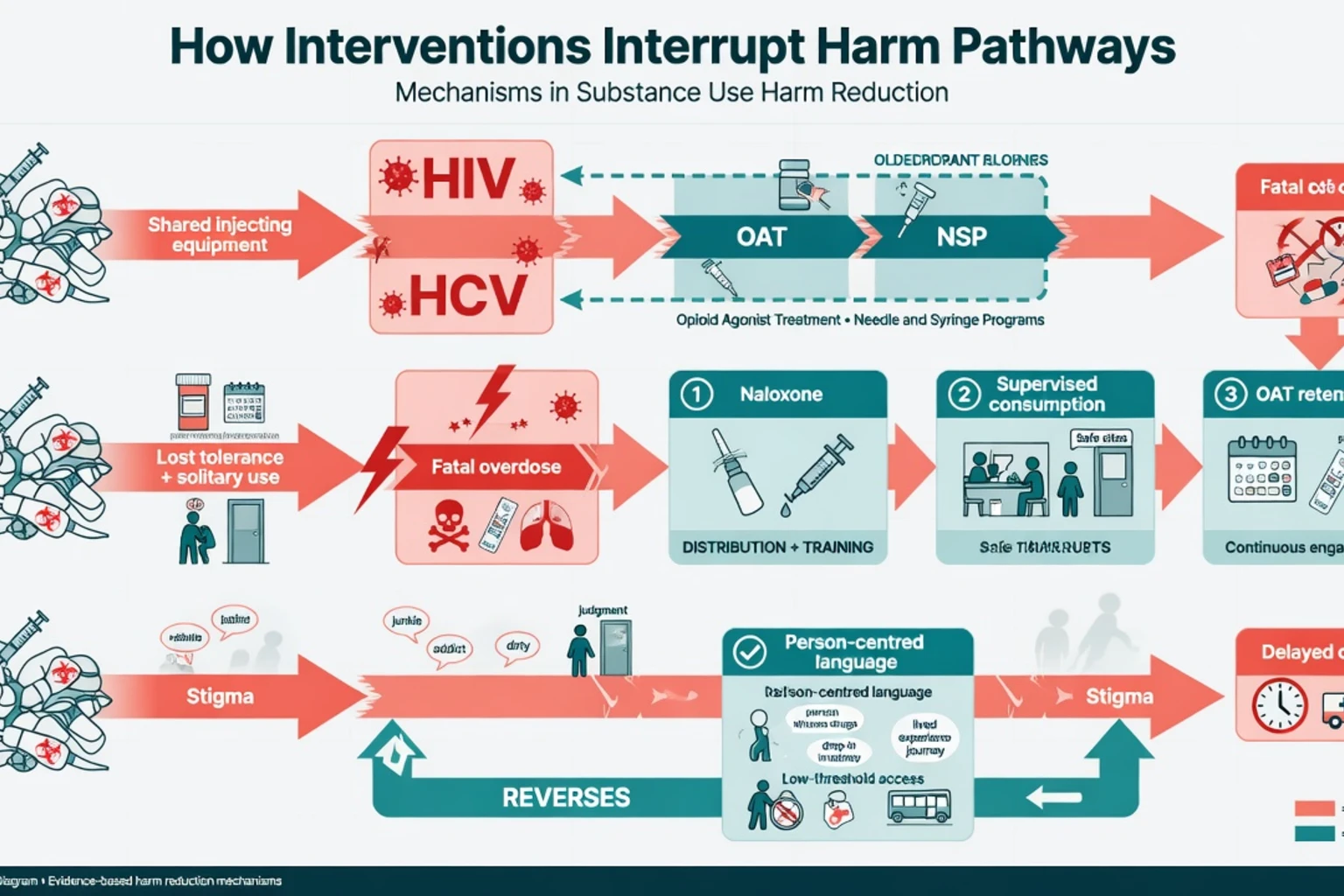 Flowchart of how NSP OAT naloxone and supervised consumption interrupt BBV transmission and overdose pathways