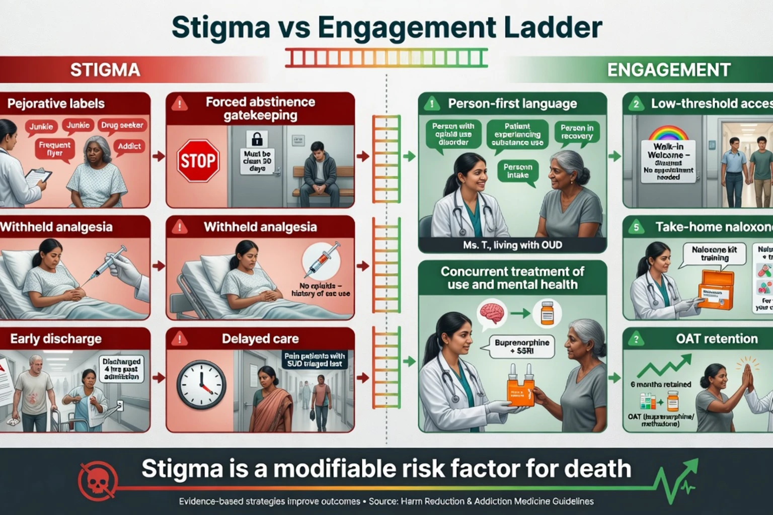 Contrast of stigma-driven gatekeeping versus person-first engagement ladder in addiction care