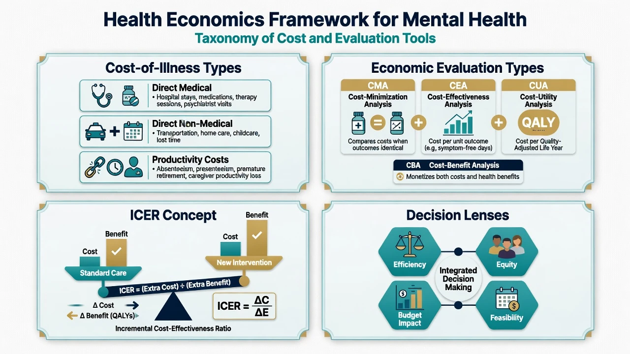 Educational four-panel framework of cost-of-illness, evaluation types, ICER concept, and efficiency-equity-feasibility decision lenses