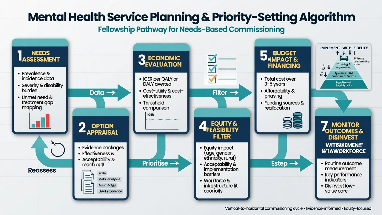 Educational algorithm of mental health service planning from needs assessment through economic evaluation, equity filter, financing, implementation fidelity, and monitoring