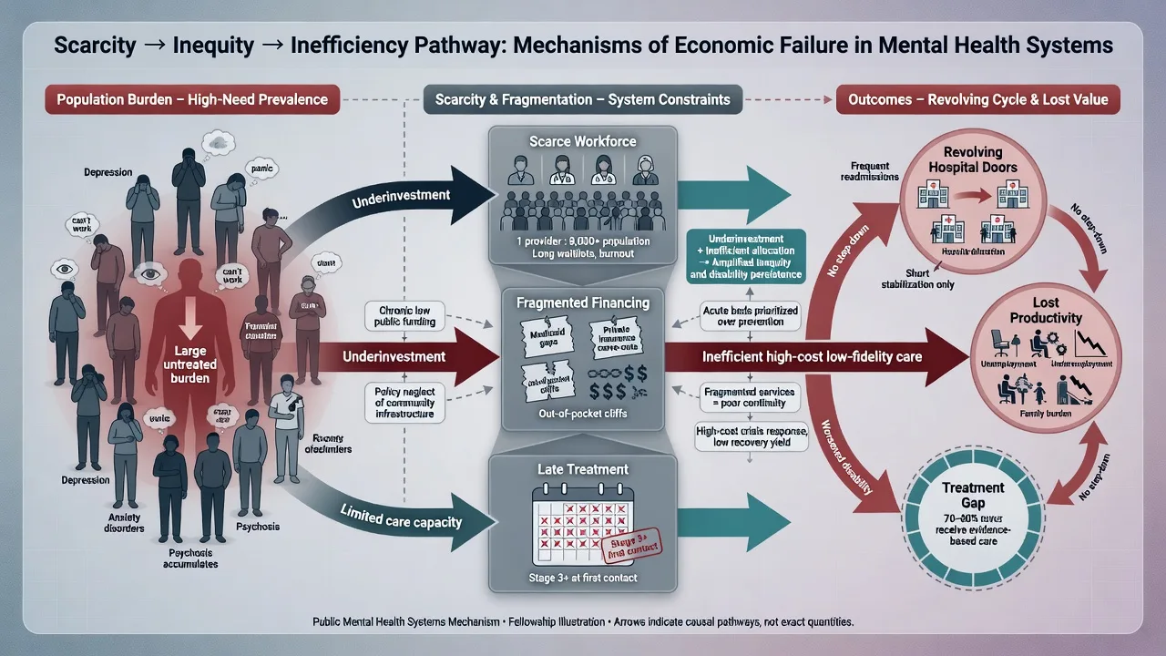 Educational pathway diagram from population mental health burden through scarce workforce and financing bottlenecks to treatment gap and productivity loss