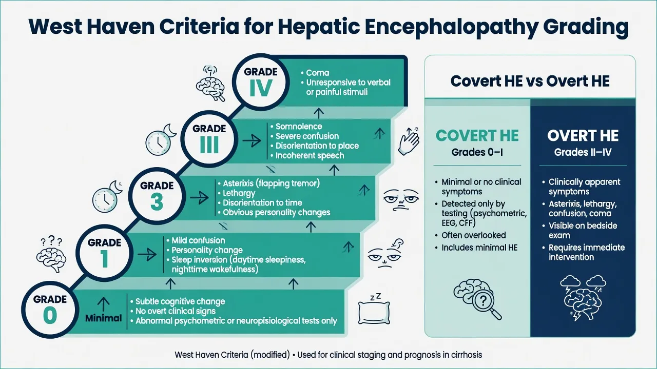 West Haven grades zero to four and covert versus overt hepatic encephalopathy classification ladder