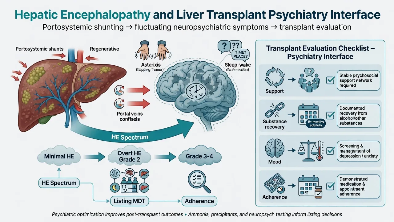 Hepatic encephalopathy and liver transplant psychiatry interface linking cirrhotic liver portosystemic shunting brain dysfunction and listing MDT domains