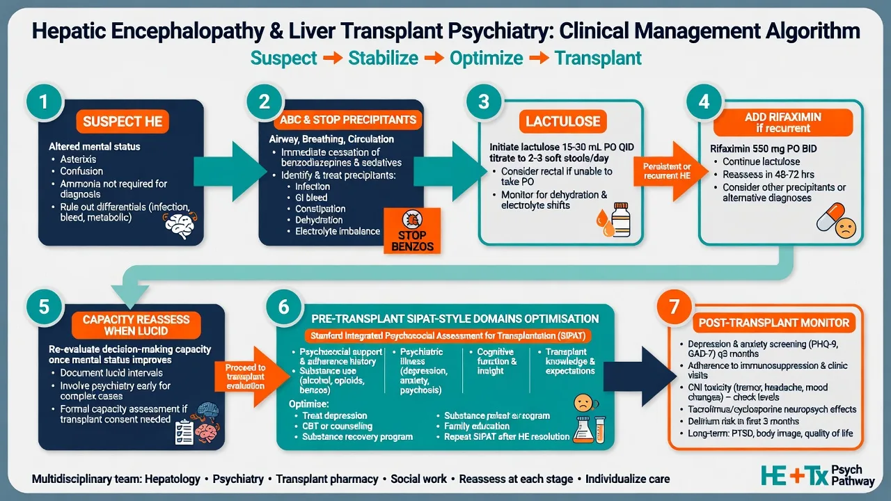 Stepwise management algorithm for hepatic encephalopathy and liver transplant psychiatry from acute care through listing optimisation and post-transplant monitoring