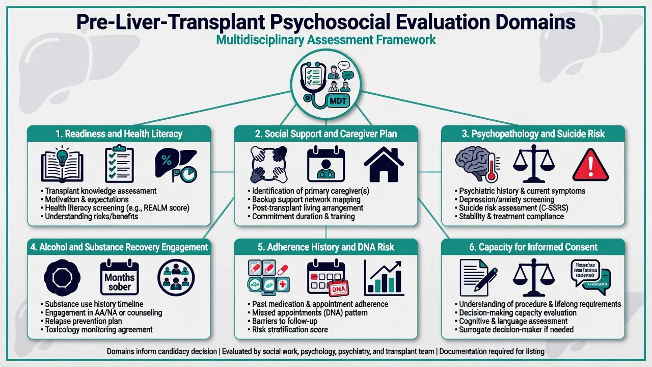 Pre-liver-transplant psychosocial evaluation domains readiness support psychopathology substance adherence and capacity