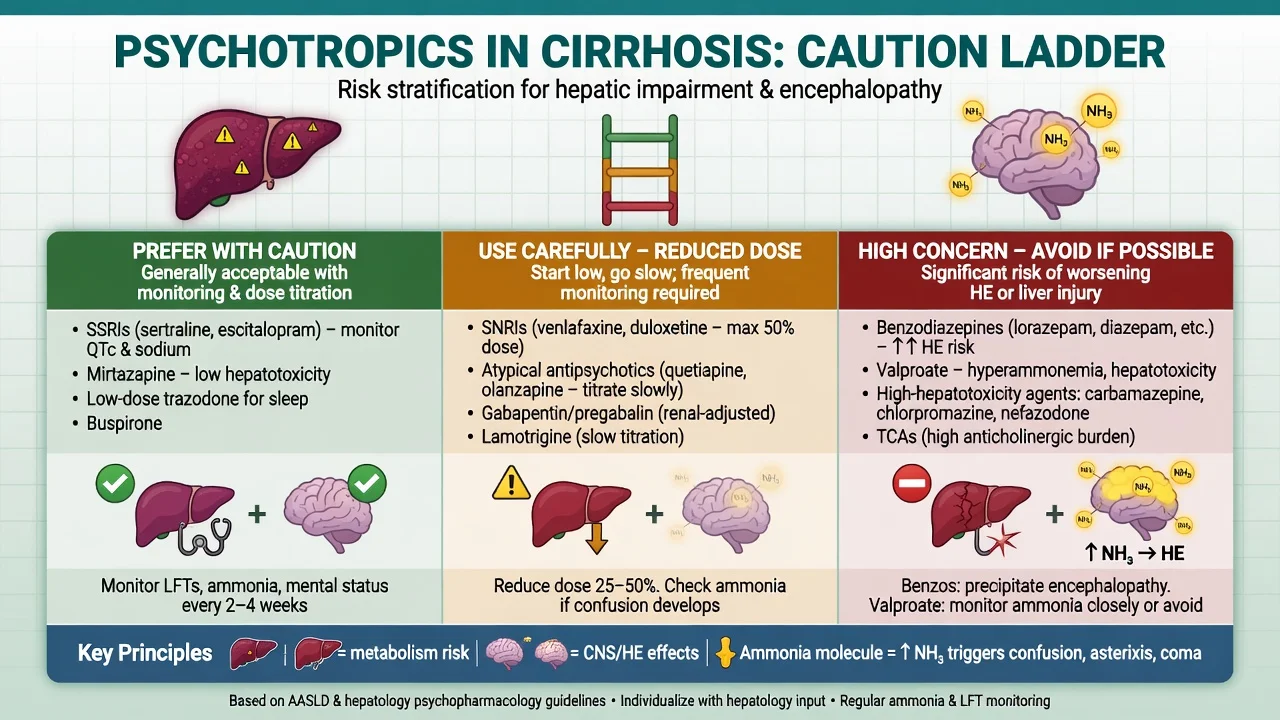 Caution ladder for psychotropic prescribing in cirrhosis highlighting benzodiazepine HE risk and valproate hyperammonaemia