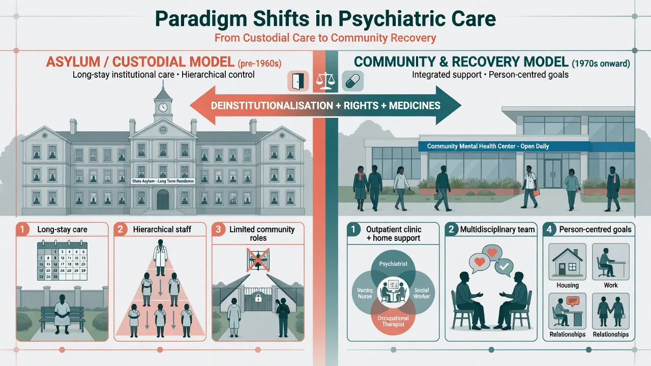 Comparison of asylum custodial model versus community and recovery model of psychiatric care