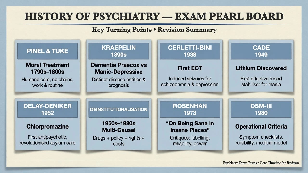 Exam pearl board of eight landmark history of psychiatry facts for fellowship revision