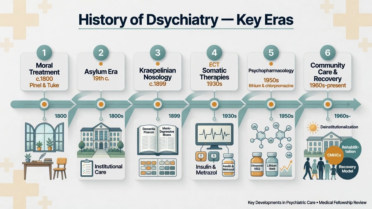 Timeline of major eras in the history of psychiatry from moral treatment through community care and recovery