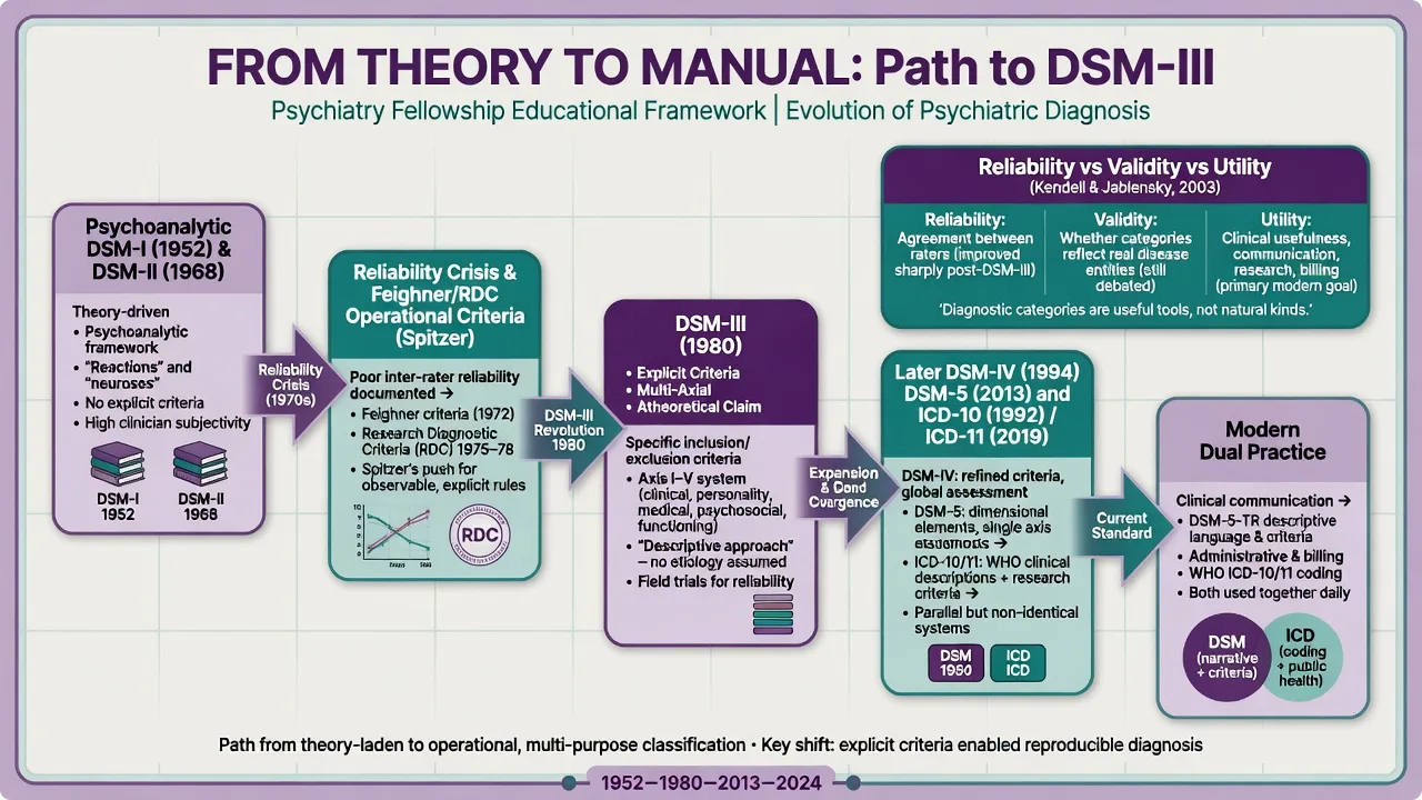 Flowchart from psychoanalytic DSM-I and II through RDC and DSM-III to modern dual ICD and DSM practice