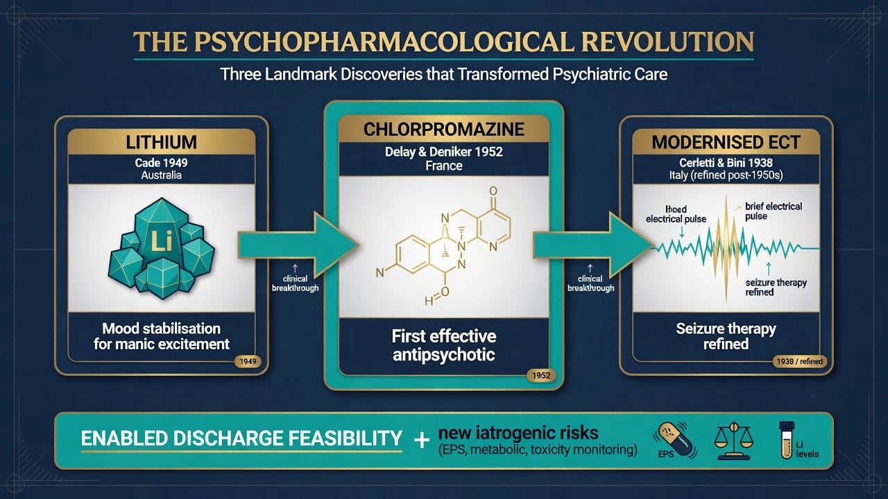 Educational diagram of lithium, chlorpromazine, and ECT as landmarks of the psychopharmacological and somatic therapy era
