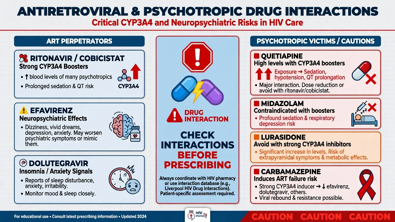 Antiretroviral psychotropic interaction map with ritonavir cobicistat boosters efavirenz INSTI effects and high-risk psychotropics
