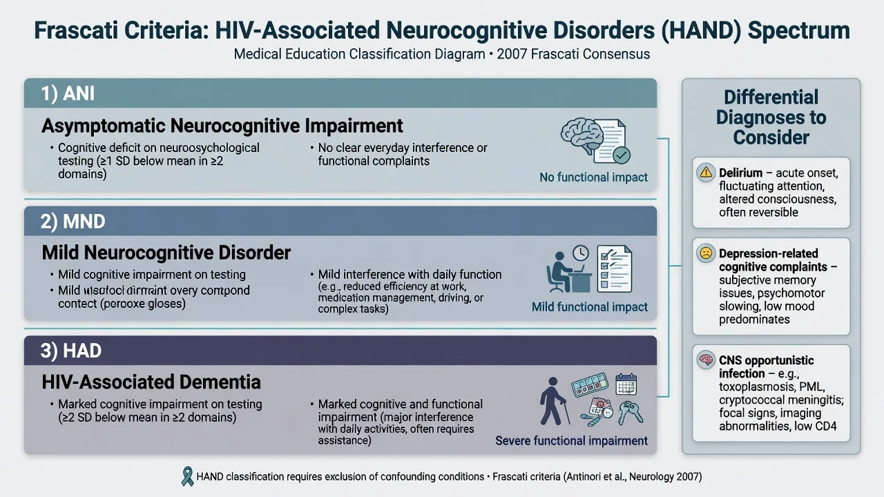 Frascati HAND spectrum ANI MND HAD with differential panels for delirium depression and CNS infection