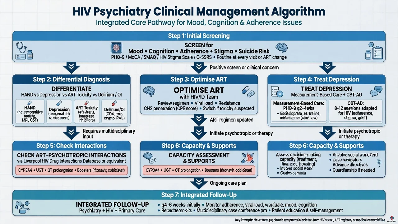 Stepwise HIV psychiatry algorithm from screening through ART optimisation depression care interactions capacity and follow-up