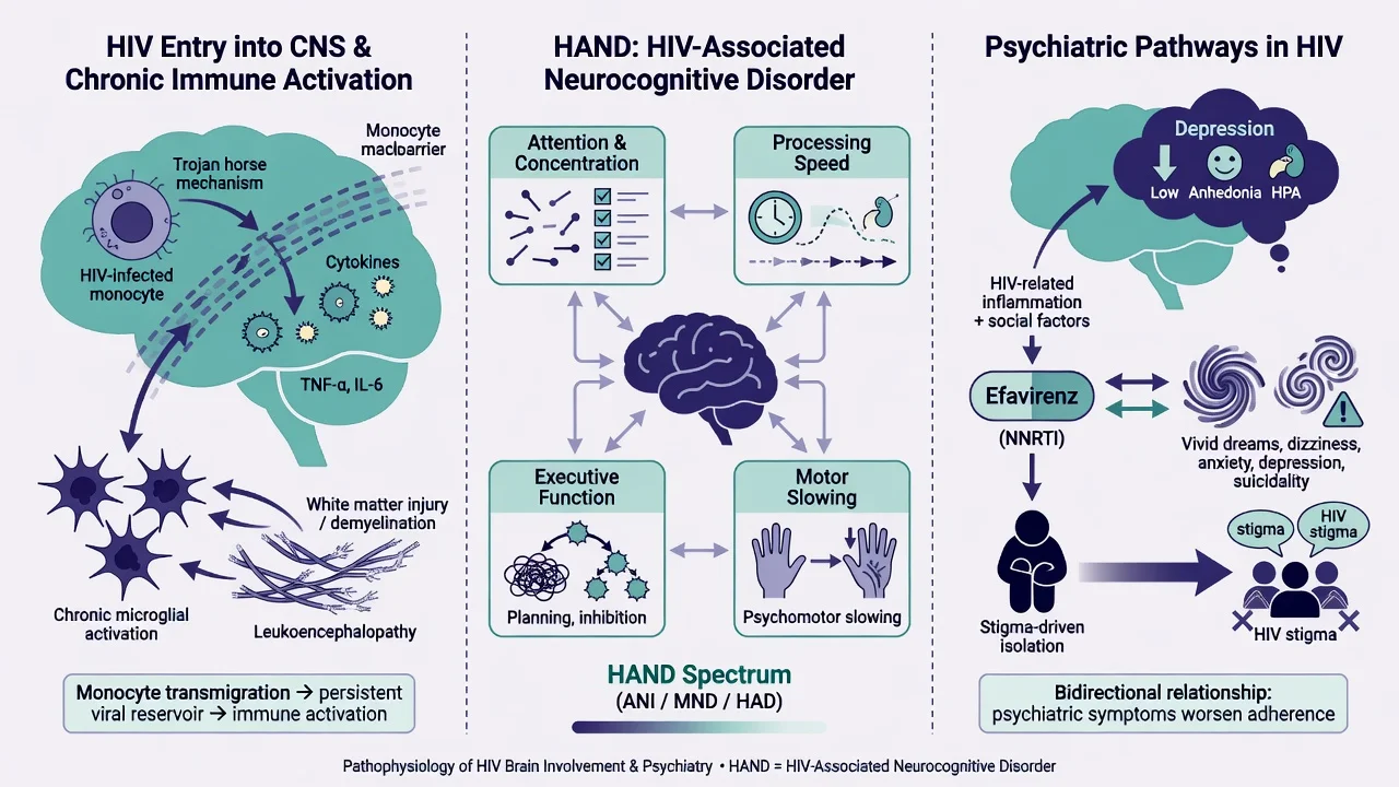 HIV CNS entry immune activation HAND cognitive domains and psychiatric pathways including efavirenz and stigma