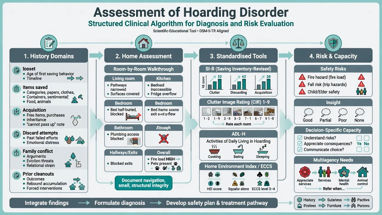 Assessment algorithm for hoarding: history domains, home visit, SI-R CIR ADL-H scales, risk and capacity