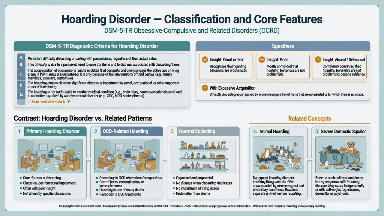 Hoarding disorder classification: DSM-5-TR OCRD criteria, insight and acquisition specifiers, contrast with OCD-related hoarding, collecting, animal hoarding, and squalor