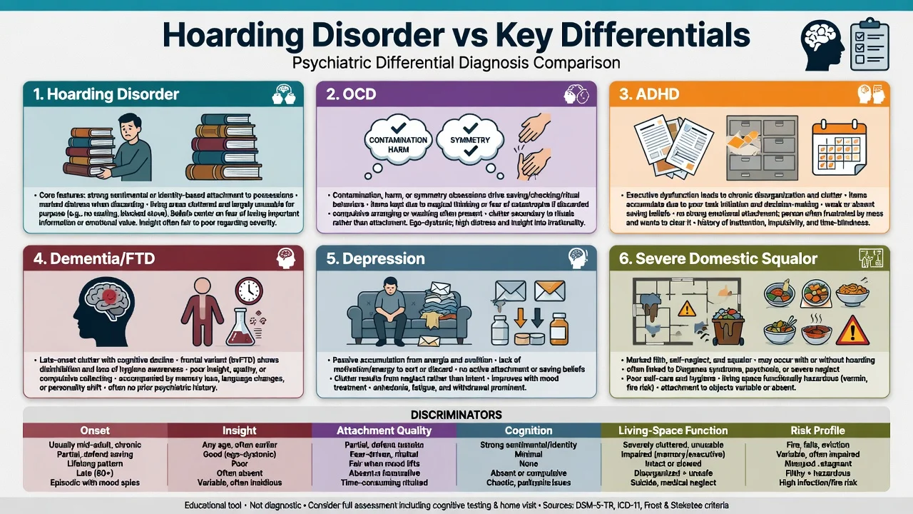 Differential panels comparing hoarding disorder with OCD, ADHD, dementia/FTD, depression, and severe domestic squalor