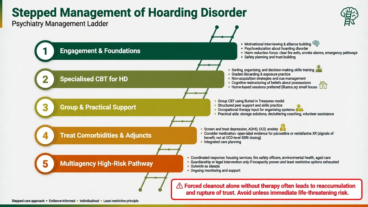 Stepped management ladder for hoarding disorder from engagement and specialised CBT through group supports, comorbidity treatment, and multiagency high-risk pathway