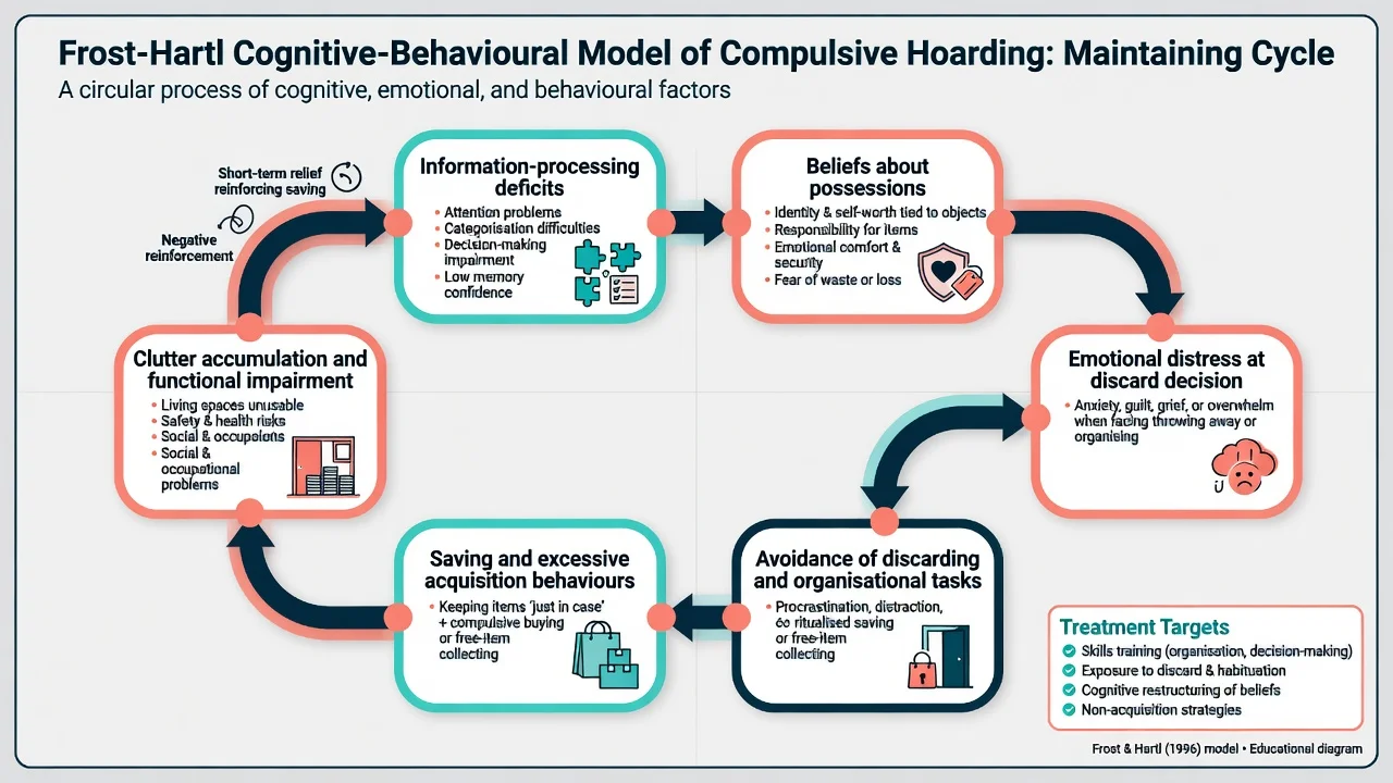 Frost-Hartl cognitive-behavioural maintaining cycle of hoarding: information-processing deficits, beliefs about possessions, distress, avoidance, saving and acquisition, clutter